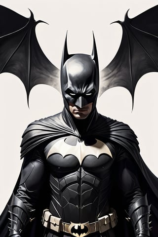 A captivating black fineline art illustration on a pristine white background, featuring the legendary Batman with his iconic outfit and piercing white eyes. The intricate details of his attire, composed of ethereal bats, seamlessly blend a semi-minimalistic aesthetic. Batman's silhouette is elongated, fading into a vanishing point, creating a mystical atmosphere. The overall composition is an otherworldly masterpiece, blending dark fantasy, illustration, portrait photography, fashion, and conceptual art., illustration, portrait photography, fashion, conceptual art, dark fantasy