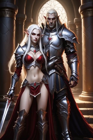 The image shows a high, dark elf woman in armor with red eyes with long white hair, dressed in armor, looking at a blond man in armor. He stands behind her. The man has a sword in his hands. He looks at the elf. Both characters are in a dark room, Columns and arches are visible in the background, Gothic, Sylvanas Windrunner, Warcraft style