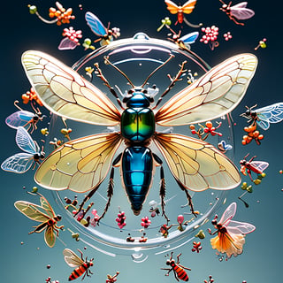 A stunning shot frames a mesmerizing composition of glass insects suspended in mid-air, bathed in soft, diffused light. The transparent wings and bodies of moths, dragonflies, and beetles refract the light, casting delicate shadows and amplifying their ethereal beauty. Every detail is worked with precision, as if frozen in weightlessness. The camera captures the intricate edges and fine details of these glass creations, drawing the viewer into their surreal, magical realm.