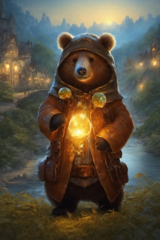 Hyper-detailed painting, Jean-Baptiste Monge style, The cute little brave bear is in the novice village, wearing adventurer clothes, splash, glittering, cute and adorable, filigree, lights, fluffy, magic, surreal, fantasy, digital art, ultra hd, hyper-realistic illustration, vivid colors, UHD, cinematic perfect light, greg rutkowski