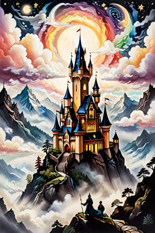 A majestic masterpiece depicting a regal dragon perched atop a misty mountain, where clouds swirl and twinkling stars dot the celestial canvas. Below, a centuries-old gothic castle stands sentinel, its turrets and towers reaching towards the mystical realm. The surrounding landscape is alive with subtle shading and vibrant hues, achieved through meticulous application of colored pencils and felt-tip pens.