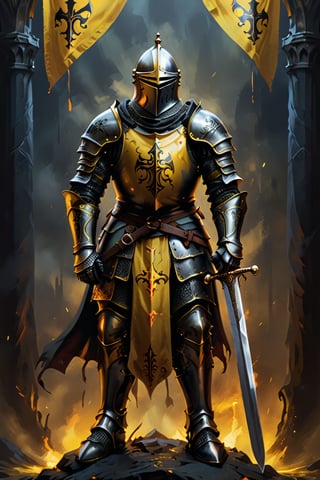 A captivating and detailed illustration of a medieval knight, clad in black and yellow armor, standing proudly with his massive sword held vertically before him. The banner "DEUS VULT" is firmly planted beneath his feet, symbolizing his unwavering devotion and purpose. This stunning artwork exudes historical authenticity, showcasing the essence of warriors, medieval themes, and the legendary aura of knights and their mottos. The vibrant color palette of black, yellow, and gold creates a dark fantasy atmosphere that would be perfect for discussions, posters, paintings, or conceptual art projects. The image's rich details and dynamic composition 