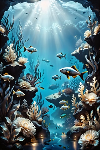 in the depths of the ocean, monochrome landscape with plants and fish, in luminescent blue tones