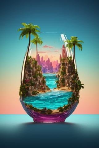 neonpunk style (Professional 3D rendering:1.3) of (Sketch:1.3)  a glass vase with a tropical island in it, surreal 3 d render, surreal water art, 3d render digital art, water art manipulation, full of glass. cgsociety, very detailed paradise, 4k highly detailed digital art, 3 d artistic render, oasis in the desert, surreal concept art, 3 d render beeple, rendered illustration,CGSociety,ArtStation . cyberpunk, vaporwave, neon, vibes, vibrant, stunningly beautiful, crisp, detailed, sleek, ultramodern, magenta highlights, dark purple shadows, high contrast, cinematic, ultra detailed, intricate, professional,LegendDarkFantasy