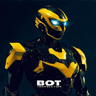 A stylized robotic figure with a dual-colored helmet, predominantly black and gold. The helmet has a sleek design with sharp edges and glowing blue eyes. The robot's chest and shoulder area are also colored in gold, with intricate mechanical details visible. The background is dark, emphasizing the robot's vibrant colors. The word 'BOT INSPECTOR' is prominently displayed below the robot, suggesting its name or the title of a game or project.