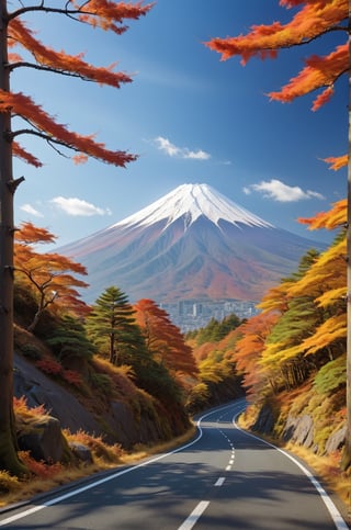 diorama, landscape, environment, Road to the top of Mount Fuji, autumn, trending on artstation, sharp focus, studio photo, intricate details, highly detailed, by Hokusai style, vivid colors, 