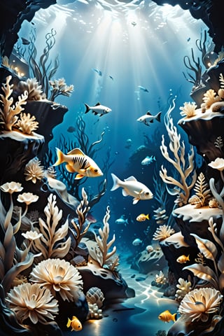 in the depths of the ocean, monochrome landscape with plants and fish, in luminescent blue tones