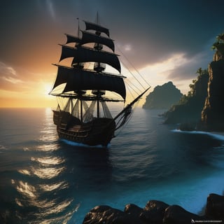 ((Pirate ship "Black Pearl")) from "Pirates of the Caribbean", standing near the shore, in the style of Claude Lorrain, trending on artstation, hyper realistic, extreme detail, cinematic, epic Lighting, award winning concept art, rendered in Octane, 32K,dragonyear,leviathandef,DonMW15p,firefliesfireflies,Sylvain_Sarrailh_style_lora_by_niolas