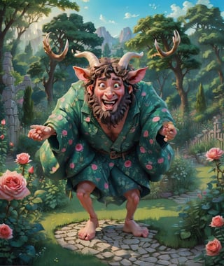 rose with horns, funny facial expressions, Exaggerated action, 3D character, green garden background, a little hairy, round shape, cartoon style, maximalism