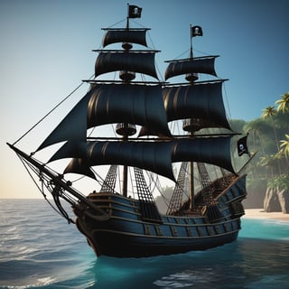 ((Pirate ship "Black Pearl")) from "Pirates of the Caribbean", standing near the shore, in the style of Claude Lorrain, trending on artstation, hyper realistic, extreme detail, cinematic, epic Lighting, award winning concept art, rendered in Octane, 32K, ,Extremely Realistic,Illustration