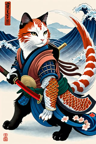 A majestic samurai cat, donning koi-armor and wielding a sword on a pristine white background. The whiskered warrior's piercing gaze is fixed intently upon the delicate fish, its scales glistening in the soft, serene light. Intricate armor plating adorns the feline form, evoking the refined artistry of Kanō Tan'yū and Utagawa Kuniyoshi. Delicately colored hues dance across the composition, as if infused with the gentle wisps of Japanese clouds.,ukiyo_e,japanese,Japanese style rooms, A Traditional Japanese Art