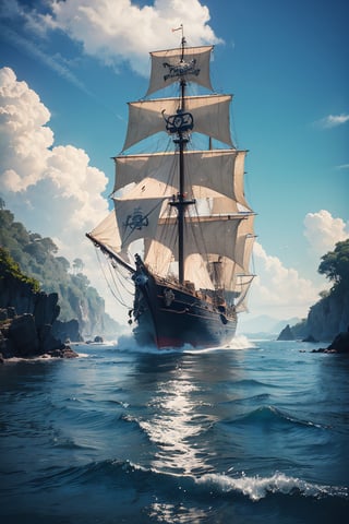 (Masterpiece, high quality, best quality, official art, beauty and aesthetics: 1.2), ((Pirate ship "Black Pearl")) from "Pirates of the Caribbean", standing near the shore, in the style of Claude Lorrain,
 blue theme, surrealist dream style, cream organic fluid, light tracing, foreground occlusion, natural light, jungle, c4d, OC rendering, product photography