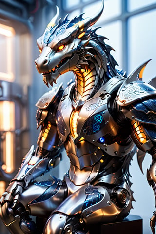 In a sleek, high-tech laboratory setting, a majestic anthropomorphic cyborg dragon sits proudly on a pedestal, its metallic scales glistening under precise spotlights. The dragon's anatomic features are meticulously rendered in ultra-high definition, with intricate robotic appendages and glowing blue circuits visible beneath translucent skin. Its piercing gaze is framed by sharp, angular cheekbones and a sharp jawline, as if surveying its futuristic domain. The surrounding environment is a masterpiece of industrial design, with gleaming metal surfaces, glowing fiber optics, and precision-crafted machinery creating a symphony of textures and reflections.