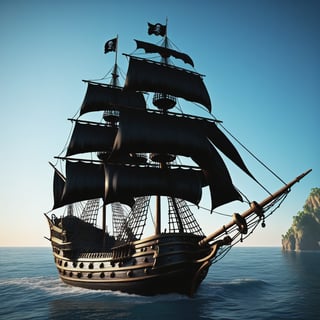 ((Pirate ship "Black Pearl")) from "Pirates of the Caribbean", standing near the shore, in the style of Claude Lorrain, trending on artstation, hyper realistic, extreme detail, cinematic, epic Lighting, award winning concept art, rendered in Octane, 32K, ,Extremely Realistic,Illustration