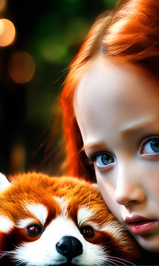 (mastrpiece, hq) , A beautiful red headed girl green eyes in a mystical world playing with baby red panda perfect clarity photorealistic beautiful quality 32k resolution, cgi