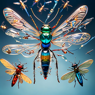 A stunning shot frames a mesmerizing composition of glass insects suspended in mid-air, bathed in soft, diffused light. The transparent wings and bodies of moths, dragonflies, and beetles refract the light, casting delicate shadows and amplifying their ethereal beauty. Every detail is worked with precision, as if frozen in weightlessness. The camera captures the intricate edges and fine details of these glass creations, drawing the viewer into their surreal, magical realm.