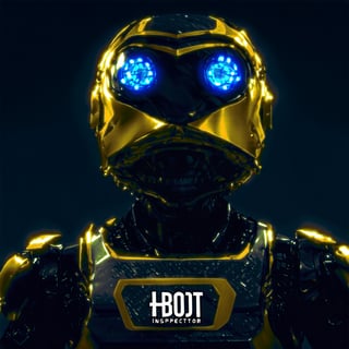 A stylized robotic figure with a dual-colored helmet, predominantly black and gold. The helmet has a sleek design with sharp edges and glowing blue eyes. The robot's chest and shoulder area are also colored in gold, with intricate mechanical details visible. The background is dark, emphasizing the robot's vibrant colors. The word 'BOT INSPECTOR' is prominently displayed below the robot, suggesting its name or the title of a game or project.