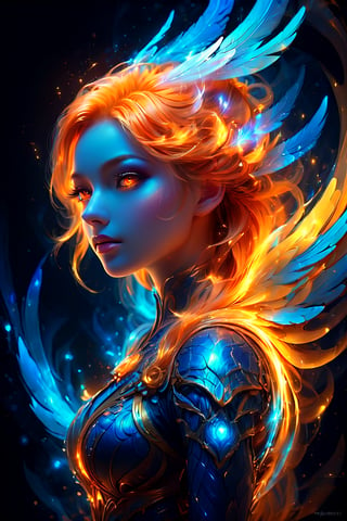 A captivating digital art piece featuring a mysterious figure with their face purposefully hidden. The figure boasts intricately detailed, swirling hair in shades of blue and white, creating an impression of stylized waves. Behind the figure's head, there is a glowing, circular element reminiscent of a halo, with a bright orange color that contrasts with the cool tones of the hair. A wing-like structure, resembling feathers or a similar texture, glows with an orange-yellow hue and extends from one side of the figure. The dark background emphasizes the figure and its radiant elements. The central part of the face is deliberately blurred for reasons of privacy or artistic intent. This visually stunning image evokes dark fantasy, vibrant colors, and a cinematic feel, suitable for a poster, painting, or conceptual art piece.