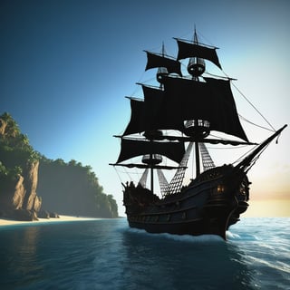 ((Pirate ship "Black Pearl")) from "Pirates of the Caribbean", standing near the shore, in the style of Claude Lorrain, trending on artstation, hyper realistic, extreme detail, cinematic, epic Lighting, award winning concept art, rendered in Octane, 32K,dragonyear,leviathandef,DonMW15p,firefliesfireflies,Sylvain_Sarrailh_style_lora_by_niolas