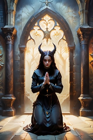 A captivating conceptual illustration of a young woman in monastic attire, kneeling in a devout prayer pose with her hands folded, set against the backdrop of a dimly lit room in a gothic castle. The room's atmosphere is further enhanced by the presence of a sinister-looking devil lurking in the shadows. This striking image, rendered in the style of Odd Nerdrum, evokes a dark fantasy theme with vibrant colors and intricate details. The composition is reminiscent of a cinematic poster or a fine art painting, showcasing the power of dark fantasy and conceptual art., illustration, conceptual art, wildlife photography, photo, painting, vibrant, poster, dark fantasy, cinematic, 3d render