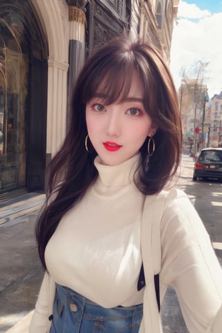 masterpiece, high-quality realistic photo, high resolution photo, high-quality, 8K, natural and soft lighting, high contrast, sharp-focus, upper-body, (detailed face:1.1), in the city,
beautiful-european-1girl, fair smooth skin, gold long hair, hair blowing in the wind, dull bangs, red lips, medium breasts, small earing,                                                                                    
(white turtleneck sweater, jeans),Realism