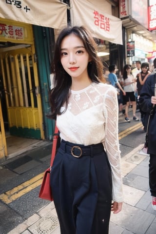 (professional photo), 1girl, pale skin busty Korean K-pop idol, long hair,  50mm, flash photography,  real life, cute face, day time, Hong Kong street wear summer fashion, sexy thin waist