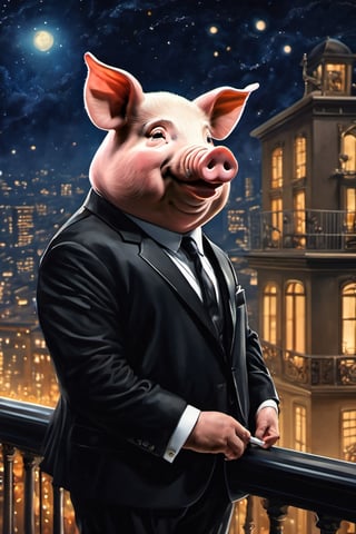 Masterpiece, (super detail), (animal anthropomorphism), gangster theme, (pig, smoking, black suit, presidential figure), Heavenly Father style, fake smile, looking at the audience, standing on the balcony of the night starry background, super clarity, super facial detail all over, intricate