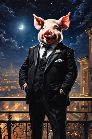 Masterpiece, (super detail), (animal anthropomorphism), gangster theme, (pig, smoking, black suit, presidential figure), Heavenly Father style, fake smile, looking at the audience, standing on the balcony of the night starry background, super clarity, super facial detail all over, intricate