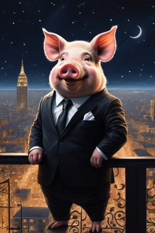 Masterpiece, (super detail), (animal anthropomorphism), gangster theme, (pig, smoking, black suit, presidential figure), Heavenly Father style, fake smile, looking at the audience, standing on the balcony of the night starry background, super clarity, super facial detail all over, intricate