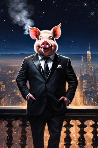 Masterpiece, (super detail), (animal anthropomorphism), gangster theme, (pig, smoking, black suit, presidential figure), Heavenly Father style, fake smile, looking at the audience, standing on the balcony of the night starry background, super clarity, super facial detail all over, intricate