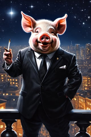 Masterpiece, (super detail), (animal anthropomorphism), gangster theme, (pig, smoking, black suit, presidential figure), Heavenly Father style, fake smile, looking at the audience, standing on the balcony of the night starry background, super clarity, super facial detail all over, intricate