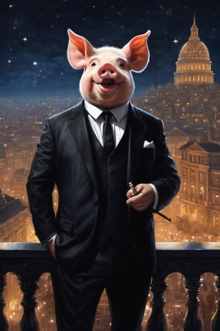 Masterpiece, (super detail), (animal anthropomorphism), gangster theme, (pig, smoking, black suit, presidential figure), Heavenly Father style, fake smile, looking at the audience, standing on the balcony of the night starry background, super clarity, super facial detail all over, intricate