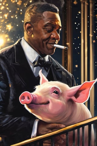 Masterpiece, (super detail), (animal anthropomorphism), gangster theme, (pig, smoking, black suit, presidential figure), Heavenly Father style, fake smile, looking at the audience, standing on the balcony of the night starry background, super clarity, super facial detail all over, intricate