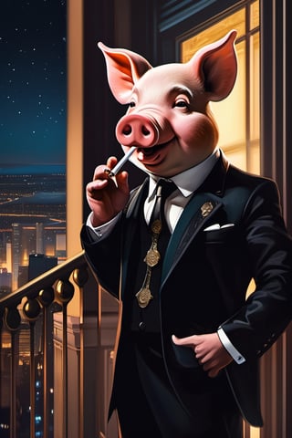 Masterpiece, (super detail), (animal anthropomorphism), gangster theme, (pig, smoking, black suit, presidential figure), Heavenly Father style, fake smile, looking at the audience, standing on the balcony of the night starry background, super clarity, super facial detail all over, intricate