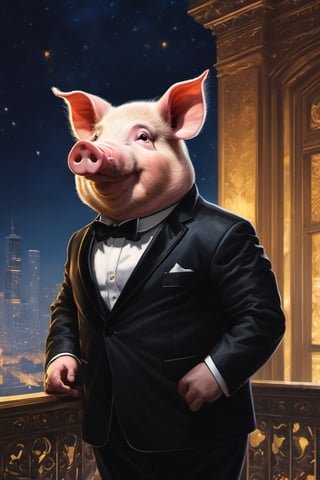 Masterpiece, (super detail), (animal anthropomorphism), gangster theme, (pig, smoking, black suit, presidential figure), Heavenly Father style, fake smile, looking at the audience, standing on the balcony of the night starry background, super clarity, super facial detail all over, intricate