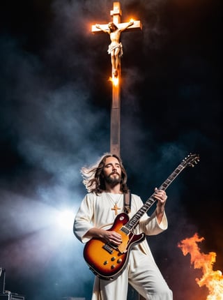 (Jesus on the Cross playing electric guitar:1.6) 
Smoke and flame background
Head to toe portrait
Rock concert vibes
Rich colour
High contrast
124k
Ultra high quality 