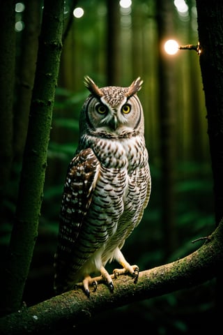 candid RAW portrait photo of an owl sitting on a branch (at night:1.3) in a dark forest, Fujifilm Fujichrome Velvia 100 film, dof, high definition, detailed, intricate, flashlight