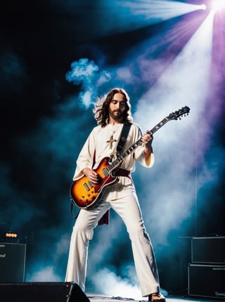 (Jesus on the Cross playing electric guitar:1.6) 
Smoke and flame background
Head to toe portrait
Rock concert vibes
Rich colour
High contrast
124k
Ultra high quality 