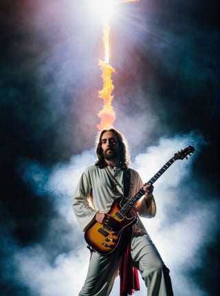 (Jesus on the Cross playing electric guitar:1.6) 
Smoke and flame background
Head to toe portrait
Rock concert vibes
Rich colour
High contrast
124k
Ultra high quality 