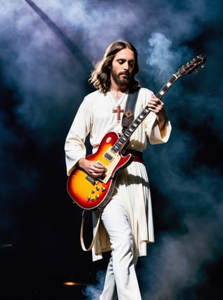 (Jesus on the Cross playing electric guitar:1.6) 
Smoke and flame background
Head to toe portrait
Rock concert vibes
Rich colour
High contrast
124k
Ultra high quality 