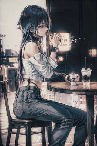 (((male character))), masterpiece, best quality, highres, perfect hand, perfect fingers, city, (((1boy))),  intense colors, hair over one eye, city, (((night)), (((casual clothes, blouse and pants))),  (((coffe shop))), (drinking a cup of coffe), sit alone in a bench at table no people around, (((side view))), long hair, collar, 