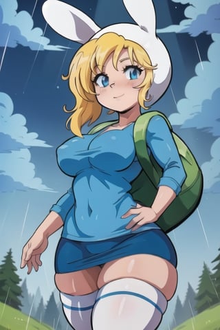 forest, night, clouds, rain, Fionna, thighhighs, blue shirt, skirt, rabbit hood, bag, big breasts, thick thighs,