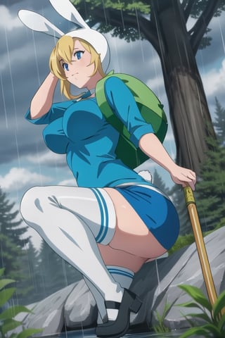 forest, night, clouds, rain, Fionna, thighhighs, blue shirt, skirt, rabbit hood, bag, big breasts, thick thighs, gray sky, water,