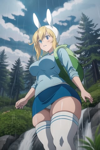 forest, night, clouds, rain, Fionna, thighhighs, blue shirt, skirt, rabbit hood, bag, big breasts, thick thighs, gray sky, water,