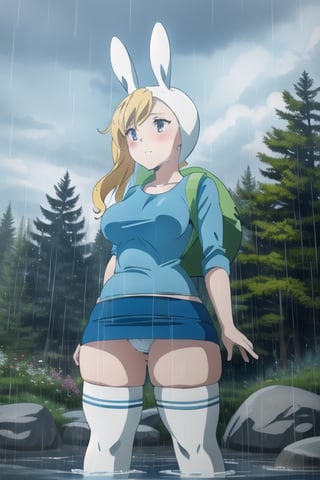 forest, night, clouds, rain, Fionna, thighhighs, blue shirt, skirt, rabbit hood, bag, big breasts, thick thighs, gray sky, water, Showed her panties, Panties,