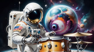 Generate an image of a astronaut standing(PLAYING drum set), in a surreal universe where dreams materialize as physical objects. Show the character discovering a dream object that holds profound significance to them. This object should be beautifully detailed and symbolic, representing their deepest desires or emotions. Capture the character's emotional reaction as they encounter this extraordinary manifestation, conveying a mix of wonder, nostalgia, and perhaps even a touch of melancholy, creating a visually compelling and emotionally charged scene."