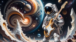 Generate an image of a astronaut standing(PLAYING STRATOCASTER GUITAR), in a surreal universe where dreams materialize as physical objects. Show the character discovering a dream object that holds profound significance to them. This object should be beautifully detailed and symbolic, representing their deepest desires or emotions. Capture the character's emotional reaction as they encounter this extraordinary manifestation, conveying a mix of wonder, nostalgia, and perhaps even a touch of melancholy, creating a visually compelling and emotionally charged scene."