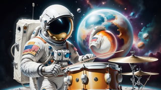 Generate an image of a astronaut standing(PLAYING drum set), in a surreal universe where dreams materialize as physical objects. Show the character discovering a dream object that holds profound significance to them. This object should be beautifully detailed and symbolic, representing their deepest desires or emotions. Capture the character's emotional reaction as they encounter this extraordinary manifestation, conveying a mix of wonder, nostalgia, and perhaps even a touch of melancholy, creating a visually compelling and emotionally charged scene."