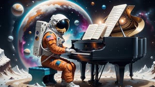 Generate an image of a astronaut standing(PLAYING piano), in a surreal universe where dreams materialize as physical objects. Show the character discovering a dream object that holds profound significance to them. This object should be beautifully detailed and symbolic, representing their deepest desires or emotions. Capture the character's emotional reaction as they encounter this extraordinary manifestation, conveying a mix of wonder, nostalgia, and perhaps even a touch of melancholy, creating a visually compelling and emotionally charged scene."