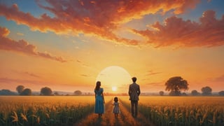 In this marvelous work of art, ,this high-quality photograph is a visual treat that radiates charm, inviting viewers to immerse themselves in its delightful atmosphere. Surrealist art Leonardo Style, ColorArt, 
( a girl and a boy stand back to back in the field, one looking at the sunset, and another rising sun )